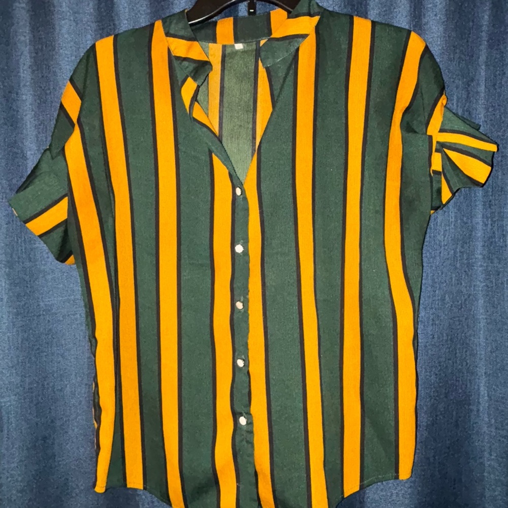 Green and Orange Button Down Shirt with Bold Outlined Stripes
